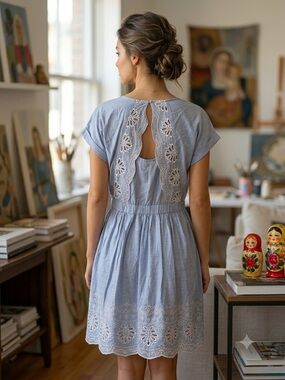 Promod Light Blue V-Neck Mini Dress with White Eyelet Hem